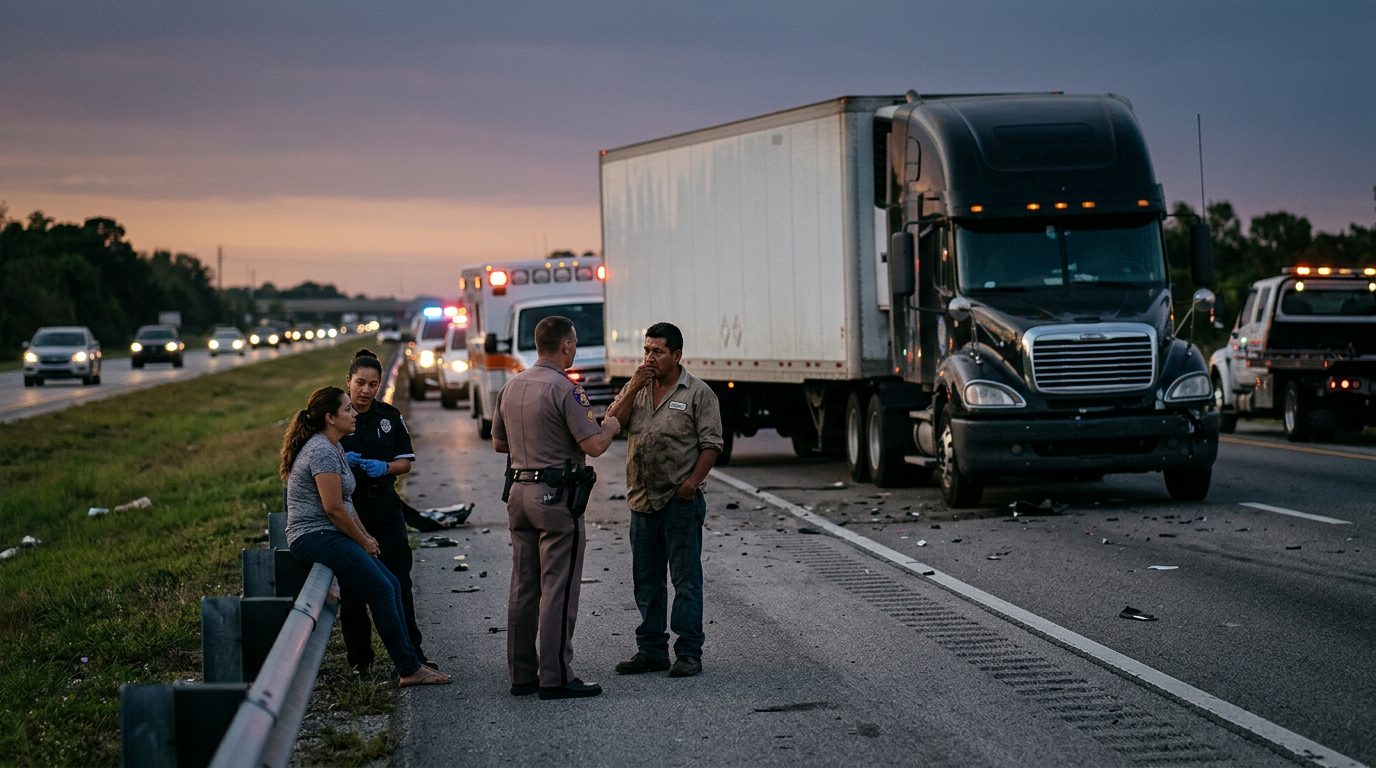 Camión comercial dañado tras colisión en carretera al atardecer en Florida.