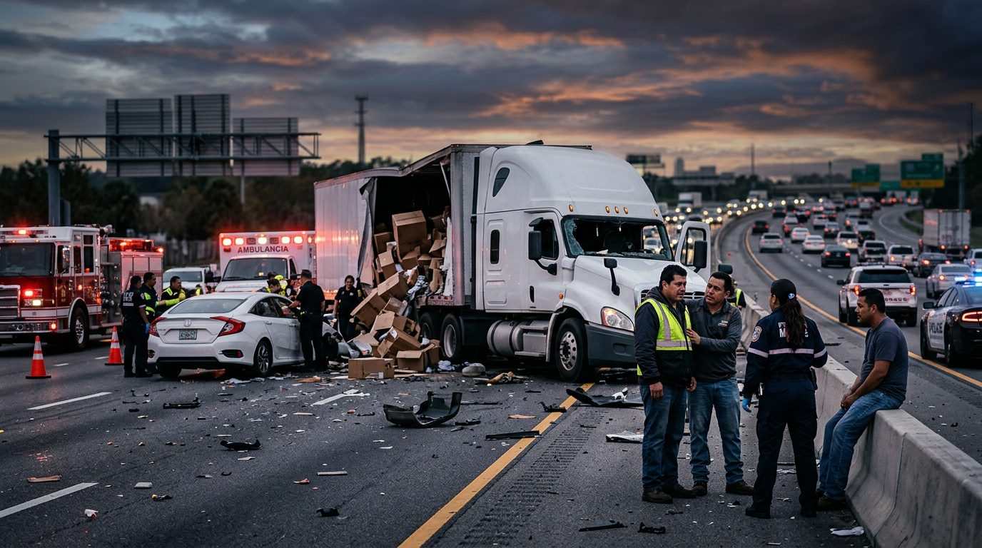 Camión comercial dañado tras colisión en carretera al atardecer en Orlando.