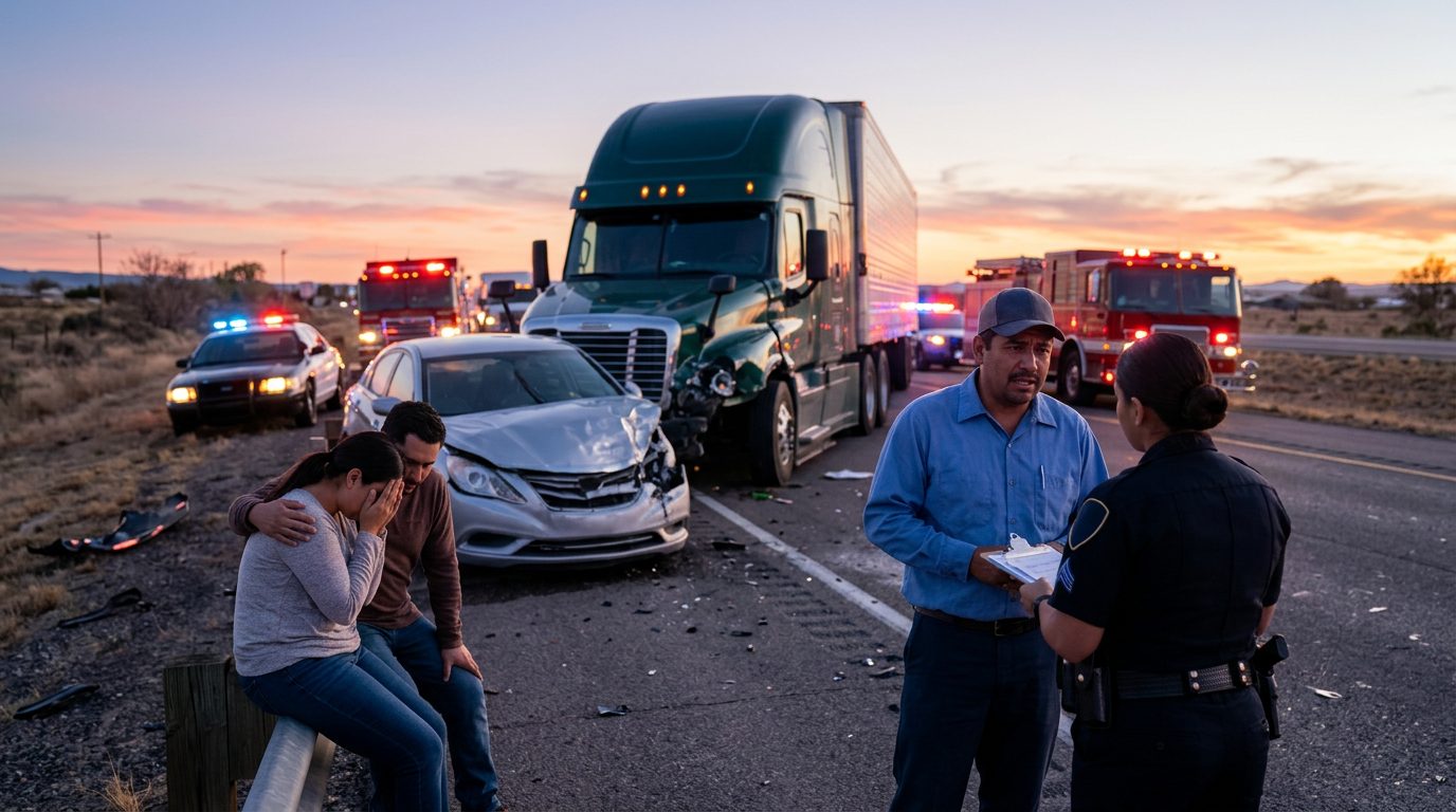 Camión comercial dañado tras colisión grave en carretera al atardecer.