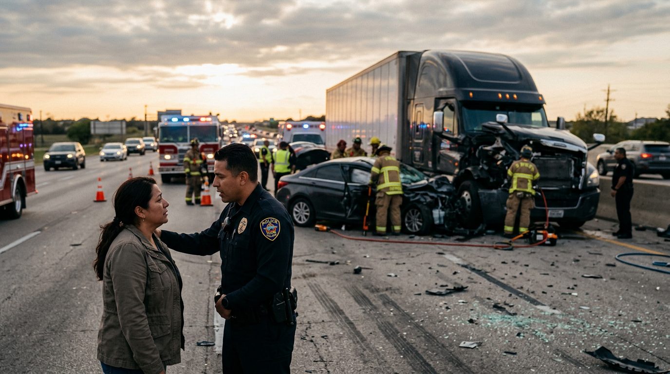 Camión comercial dañado tras colisión grave en carretera al atardecer.