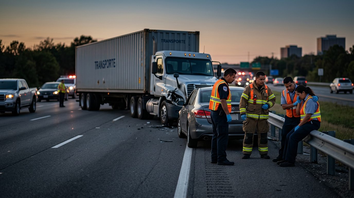 Camión comercial dañado tras colisión grave en carretera al atardecer.