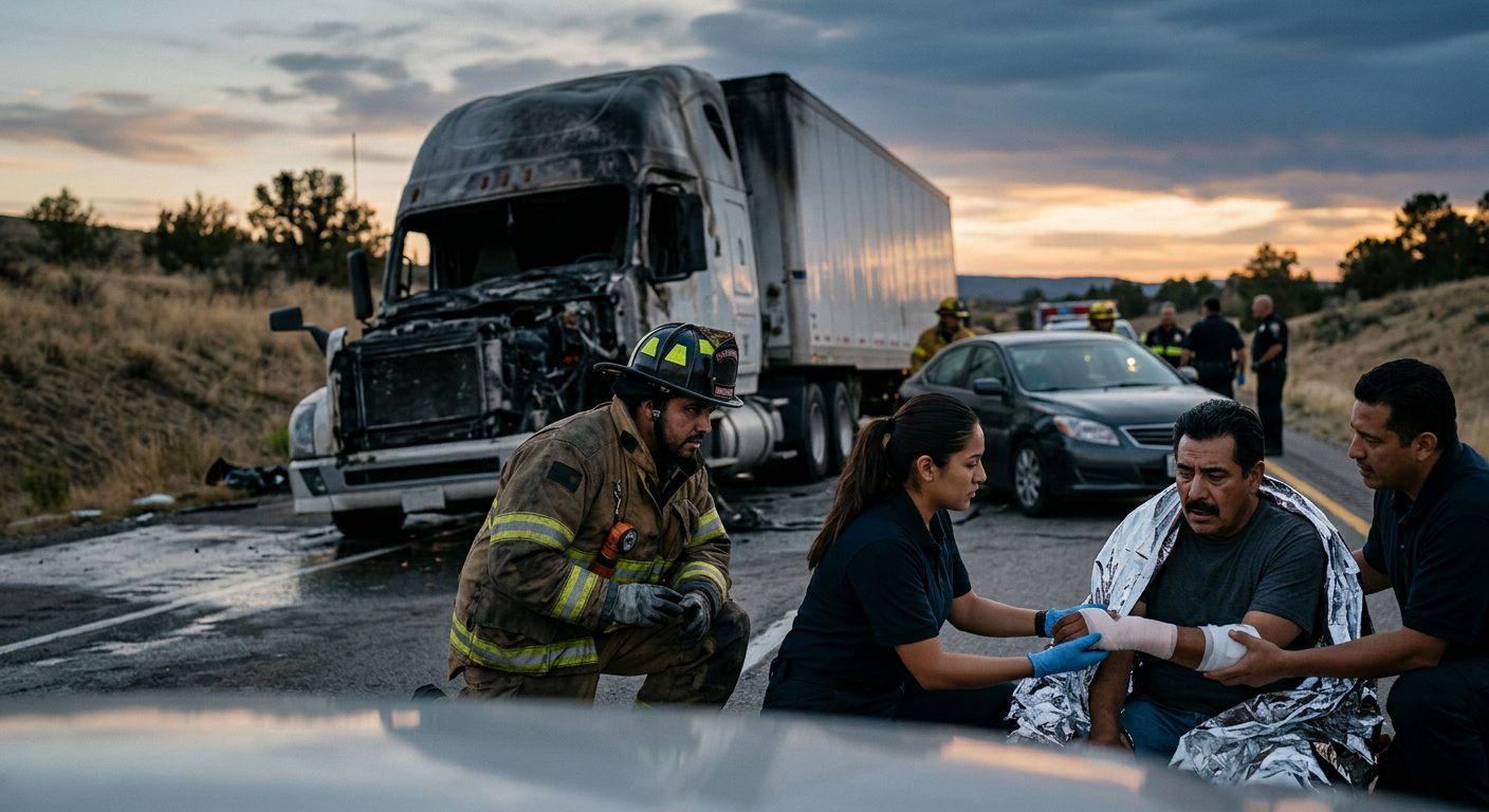 Camión comercial dañado tras colisión grave en carretera al atardecer.