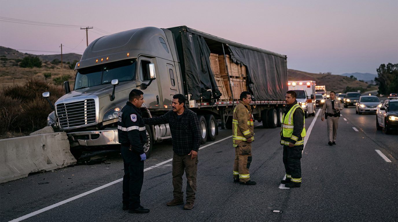 Camión comercial dañado tras colisión grave en carretera al atardecer.