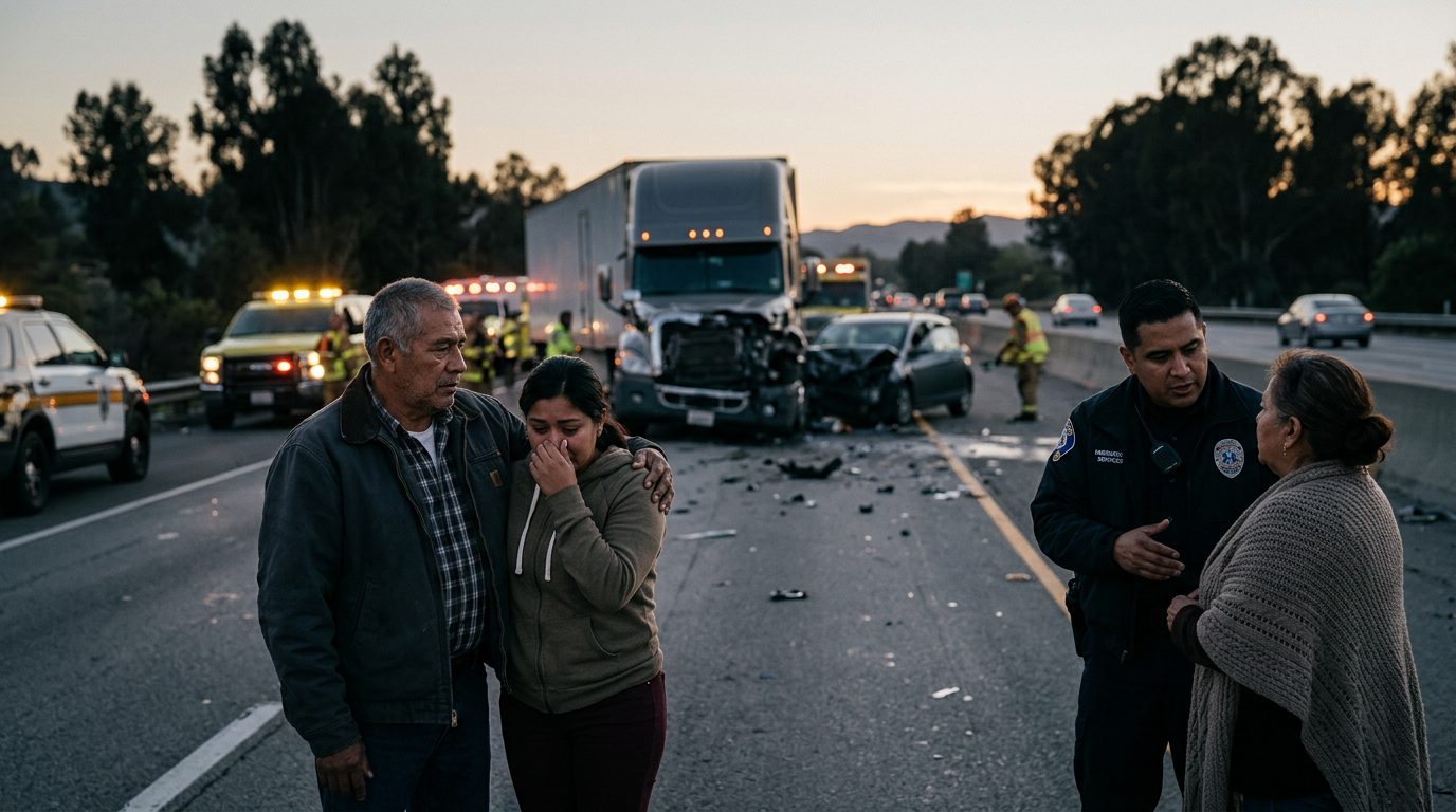 Camión comercial dañado tras colisión grave en carretera al atardecer.