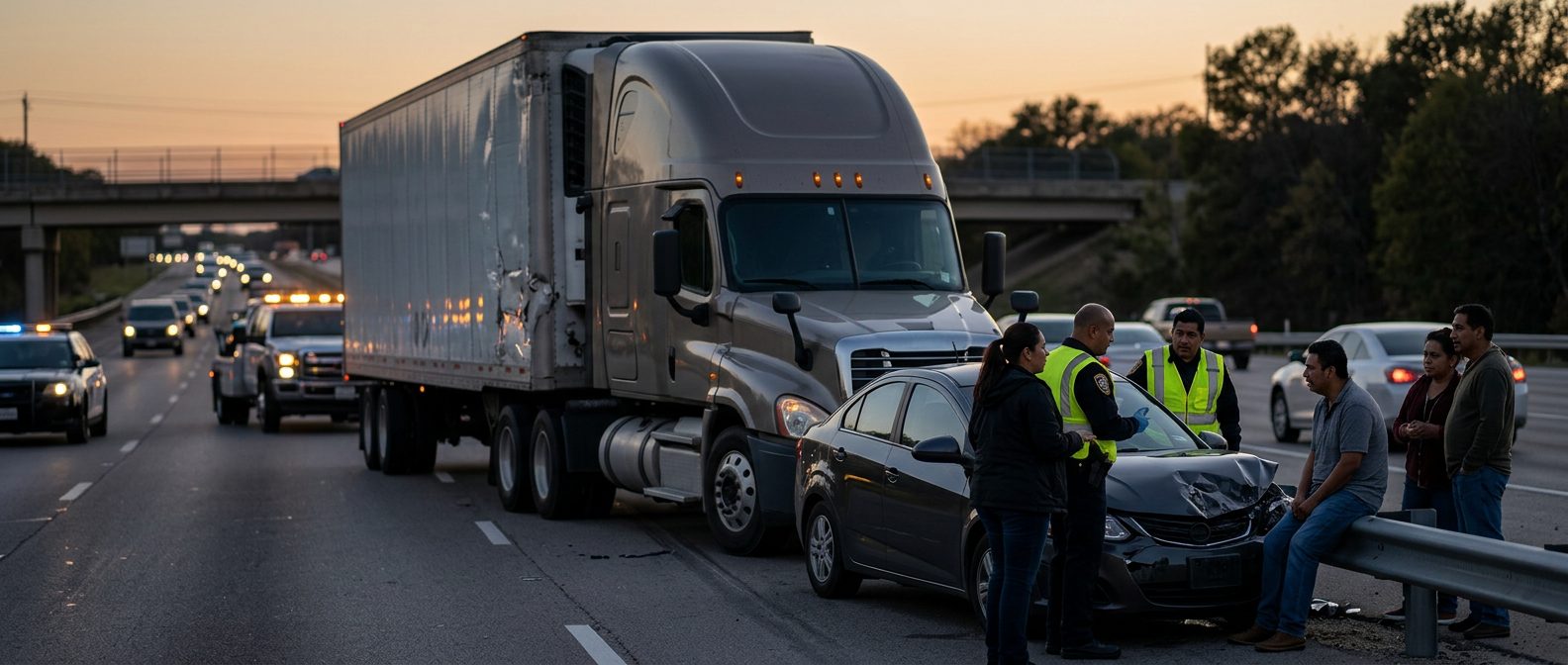 Camión comercial dañado tras colisión grave en carretera al atardecer.