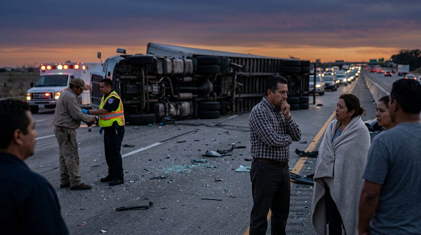 Camión comercial después de colisión en carretera al atardecer.