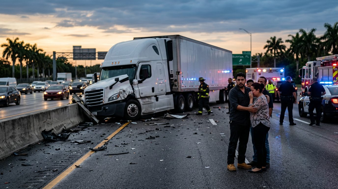 Camión comercial después de colisión grave en carretera al atardecer.