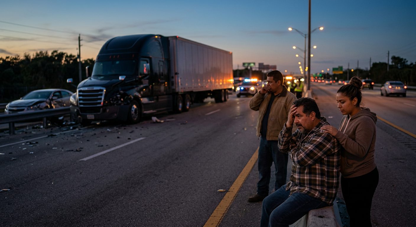 Camión comercial después de colisión grave en carretera al atardecer.