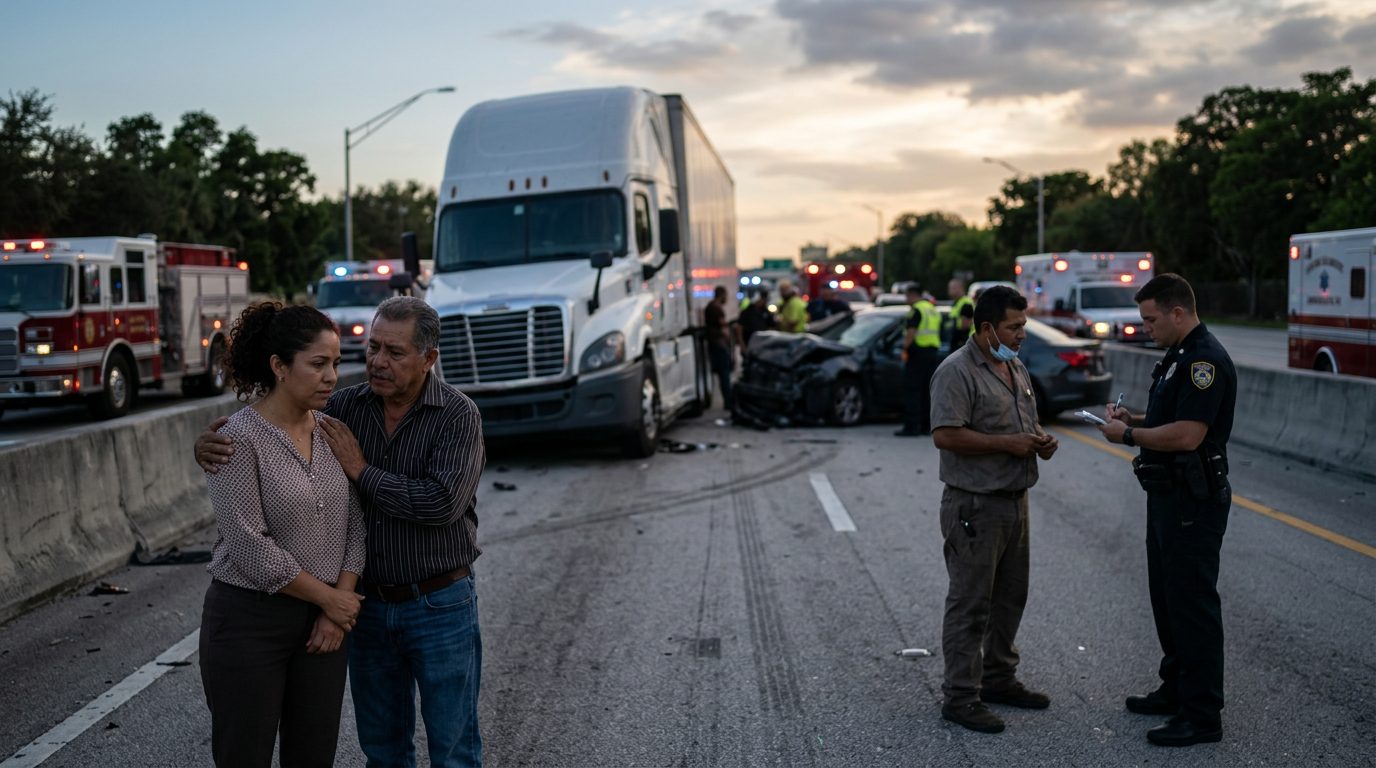 Camión comercial después de colisión grave en carretera al atardecer.