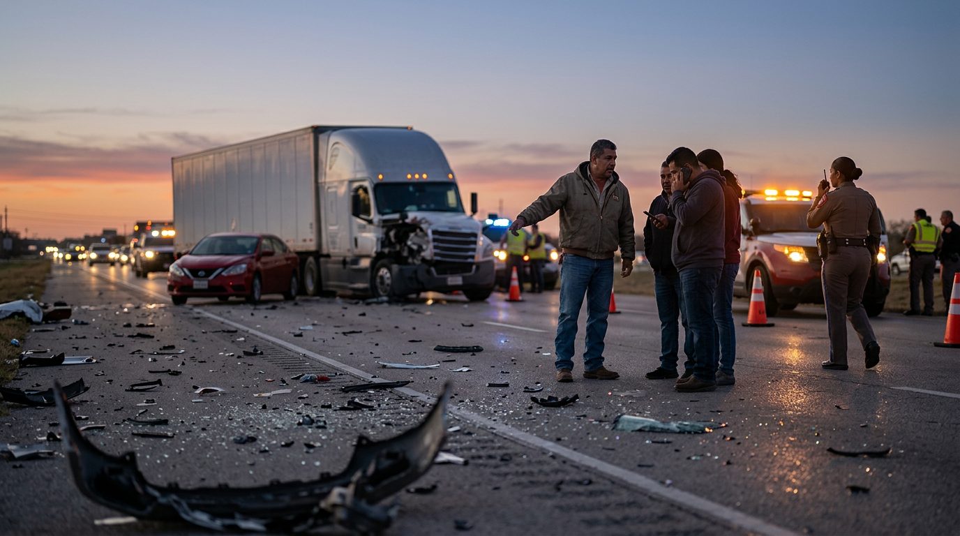 Camión comercial después de colisión grave en carretera al atardecer.