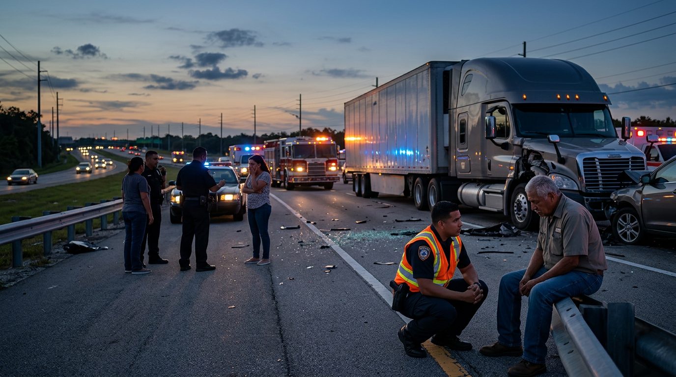 Camión comercial después de colisión grave en carretera al atardecer en Jacksonville.