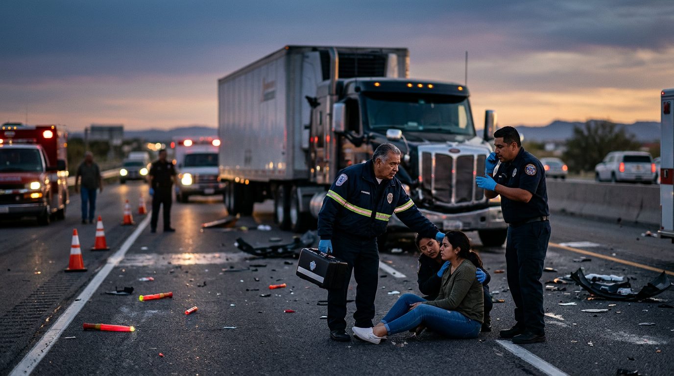 Camión comercial después de colisión grave en carretera al atardecer.