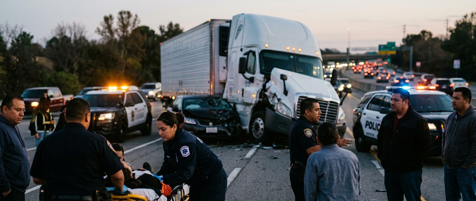 Camión comercial después de colisión grave en carretera al atardecer.
