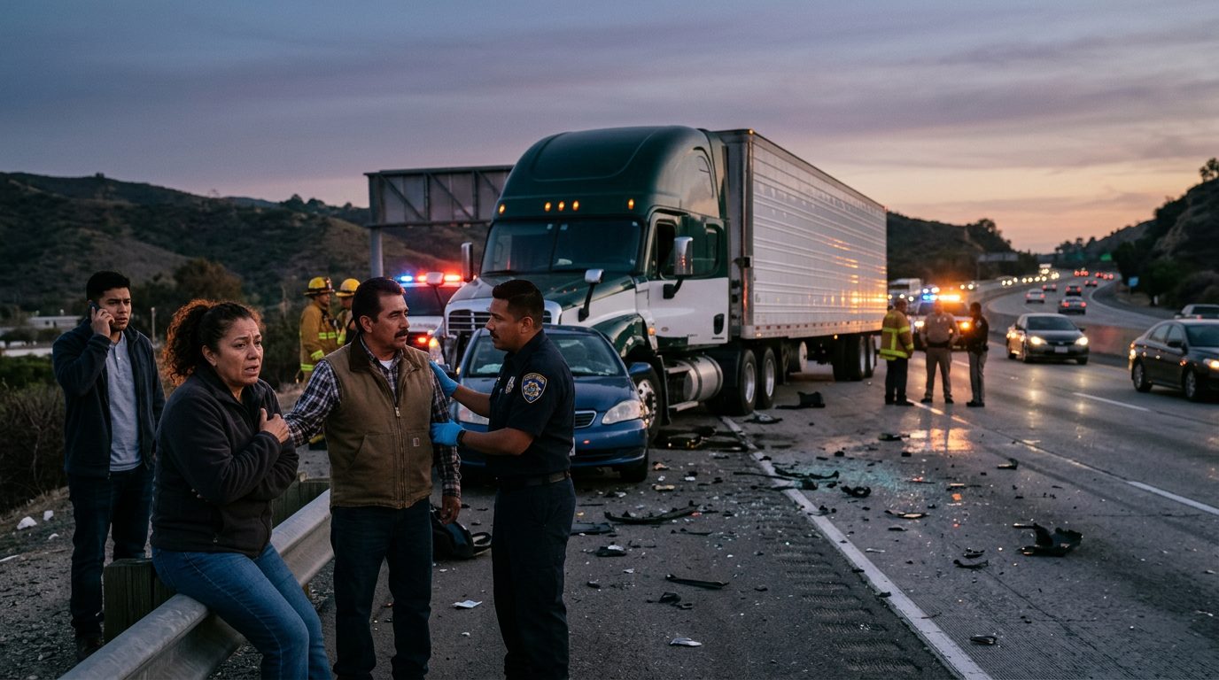 Camión comercial después de colisión grave en carretera al atardecer.