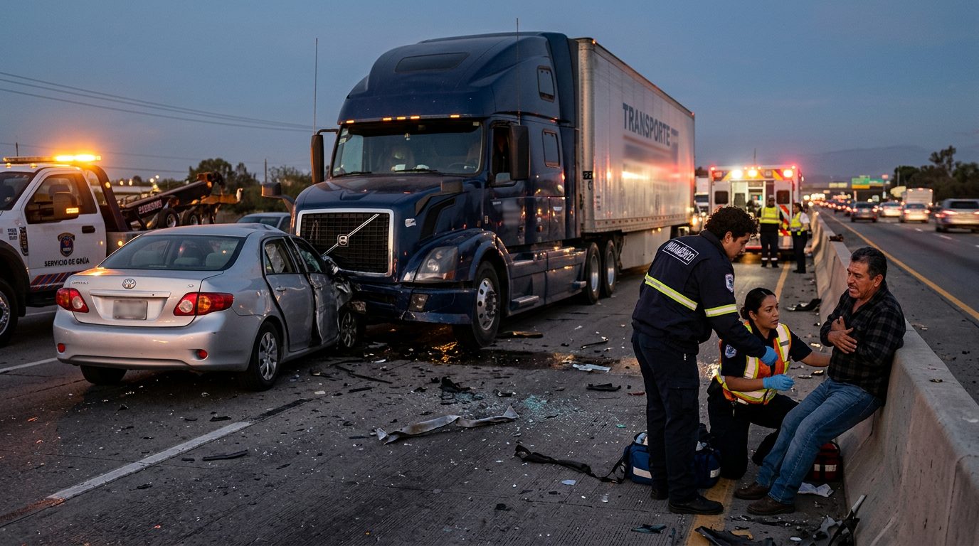 Camión comercial después de colisión grave en carretera al atardecer.