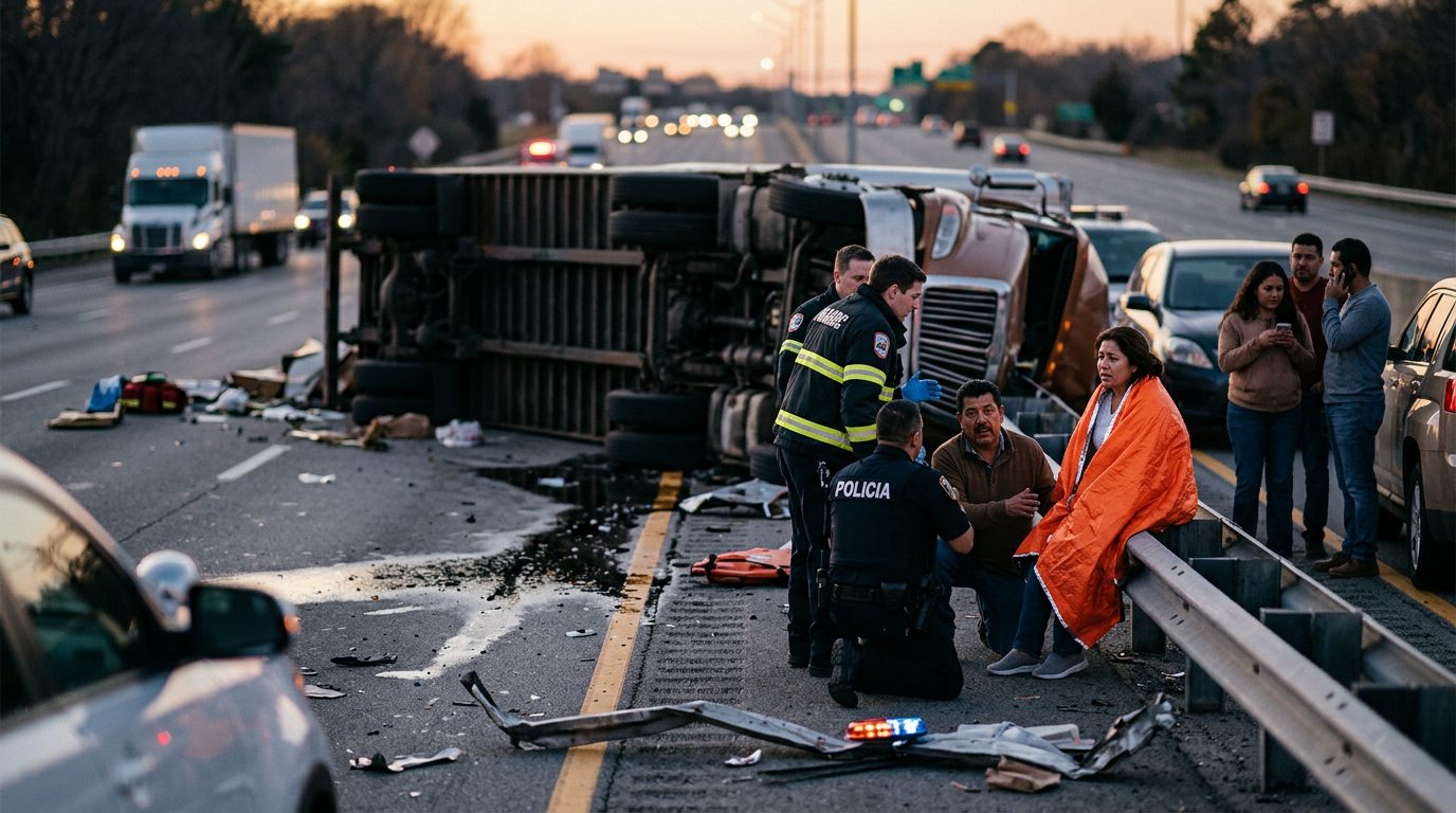 Camión comercial después de colisión grave en carretera al atardecer.