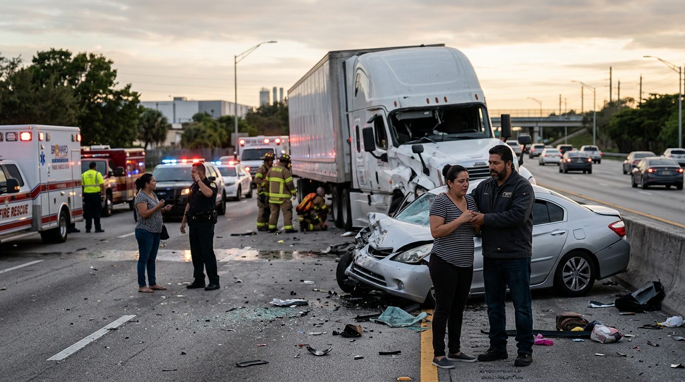 Camión comercial después de colisión grave en carretera al atardecer en Lauderhill.