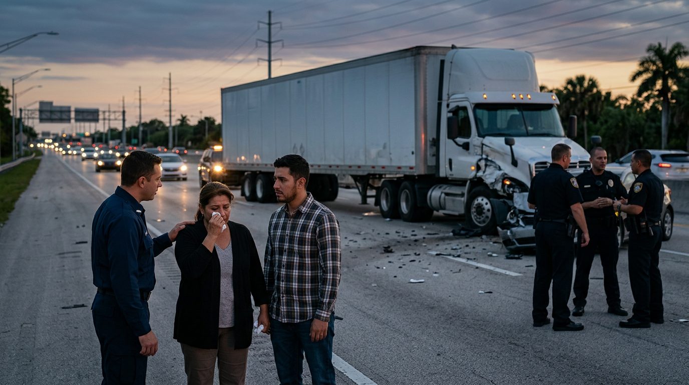 Camión comercial después de colisión grave en carretera al atardecer.