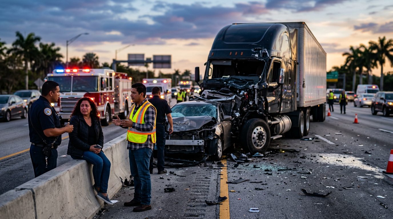 Camión comercial después de colisión grave en carretera al atardecer.
