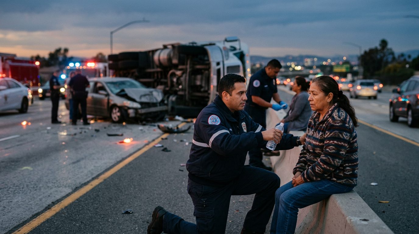 Camión comercial después de colisión grave en carretera al atardecer.