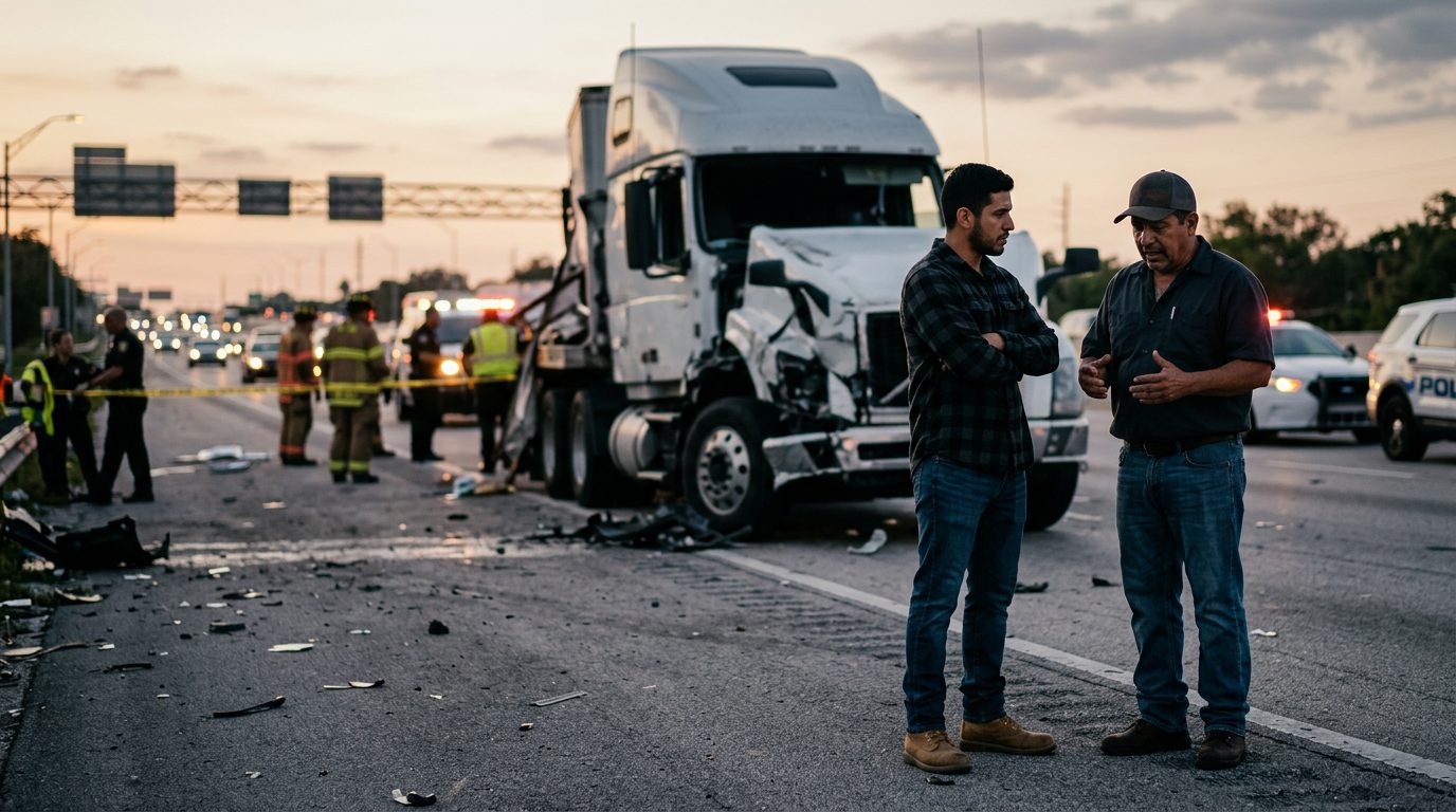 Camión comercial después de colisión grave en carretera al atardecer.