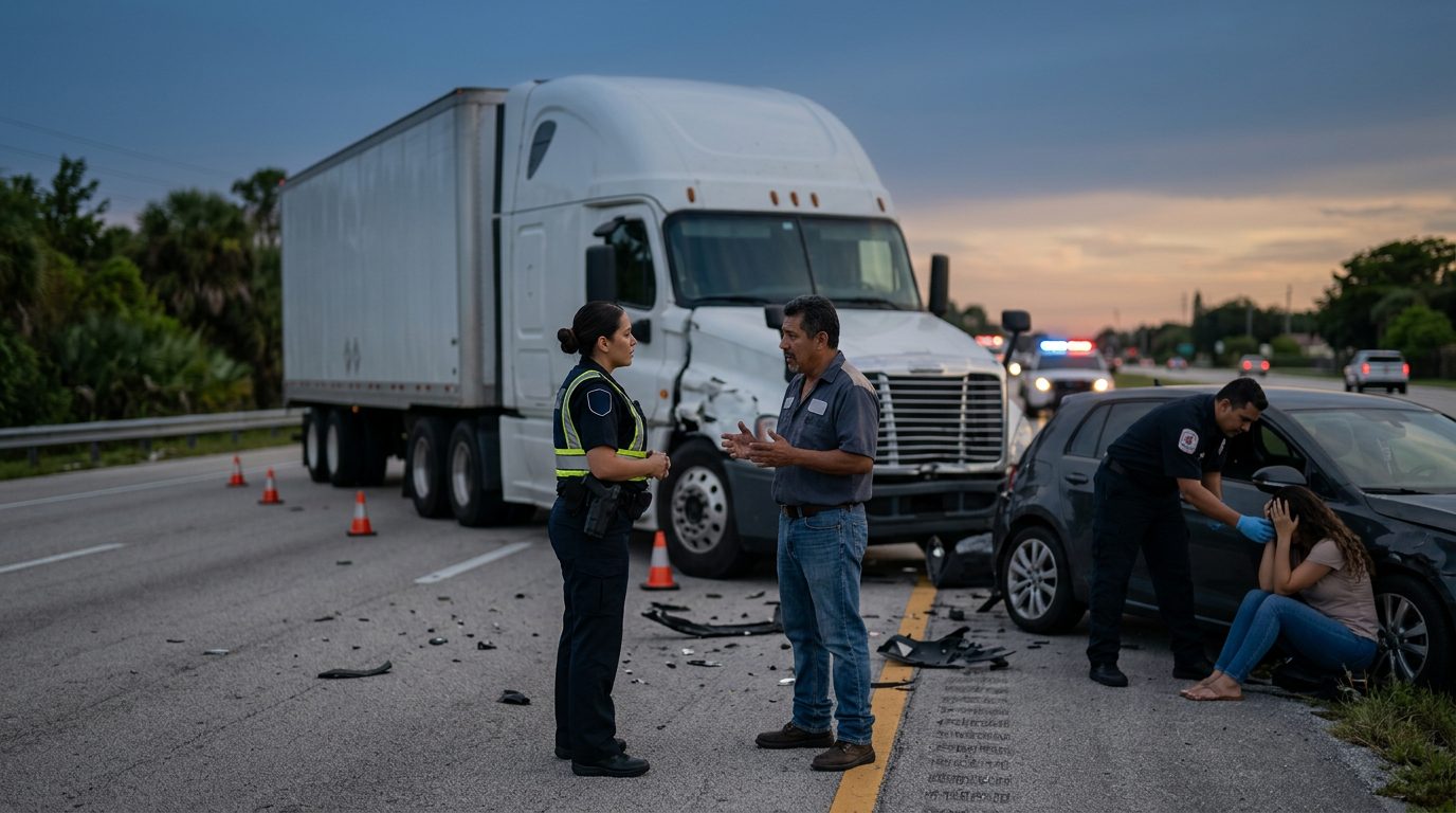 Camión comercial después de colisión grave en carretera al atardecer.
