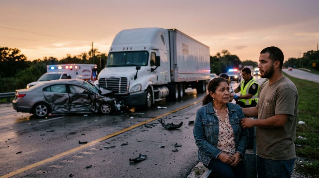 Camión comercial después de colisión grave en carretera al atardecer.