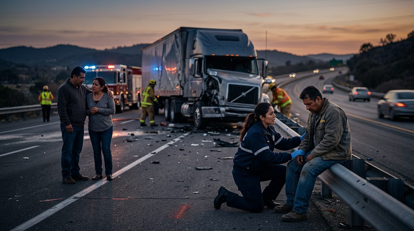 Camión comercial después de colisión grave en carretera al atardecer.