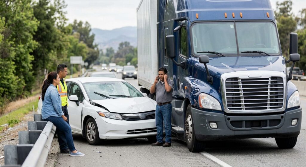Camión dañado y auto de pasajeros después de accidente grave en carretera.