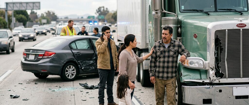 Camión dañado y auto de pasajeros después de accidente grave en carretera.