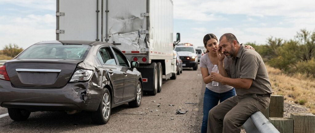 Camión dañado y auto de pasajeros después de accidente grave en carretera.