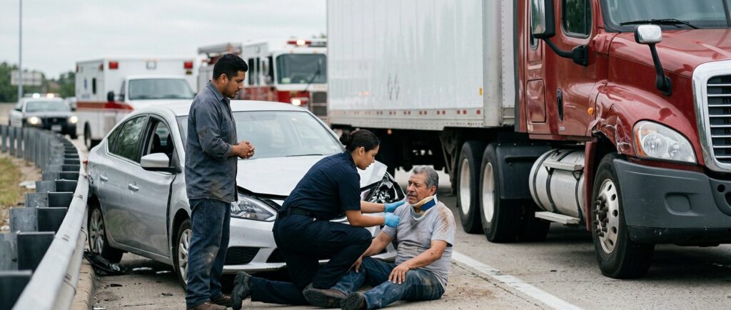 Camión dañado y auto de pasajeros después de accidente grave en carretera.