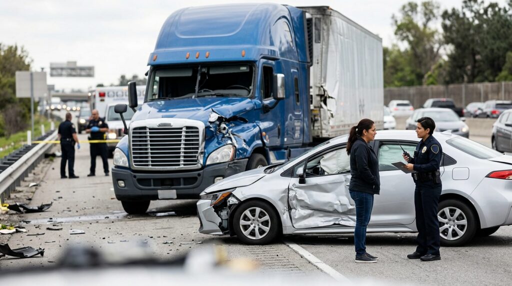 Camión dañado y automóvil después de accidente grave en carretera.