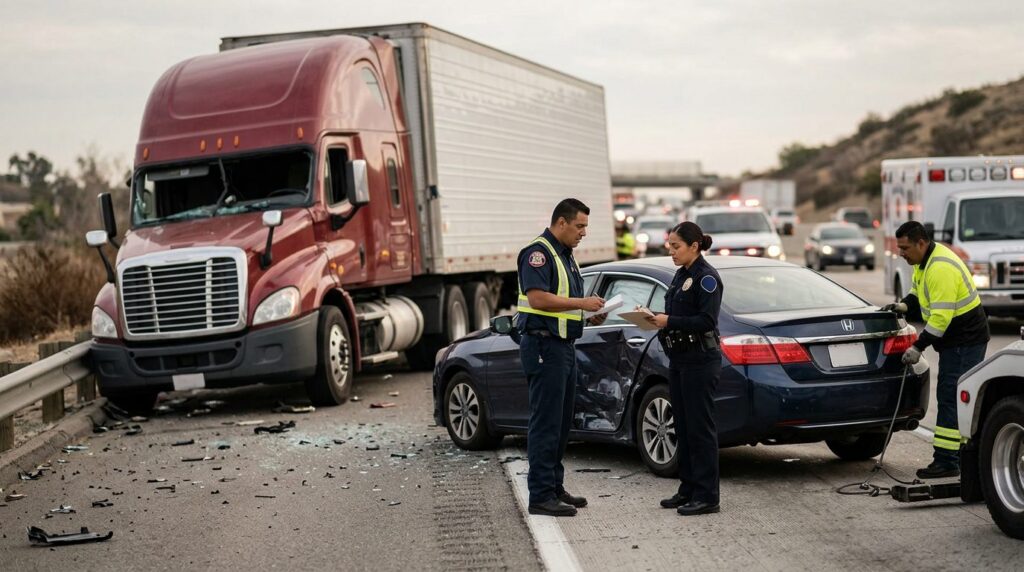 Camión dañado y vehículo de pasajeros después de accidente grave en carretera.