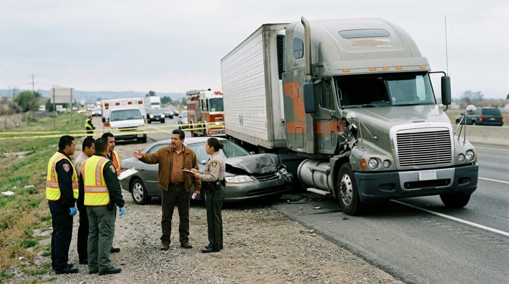 Camión dañado y vehículo de pasajeros después de accidente grave en carretera.
