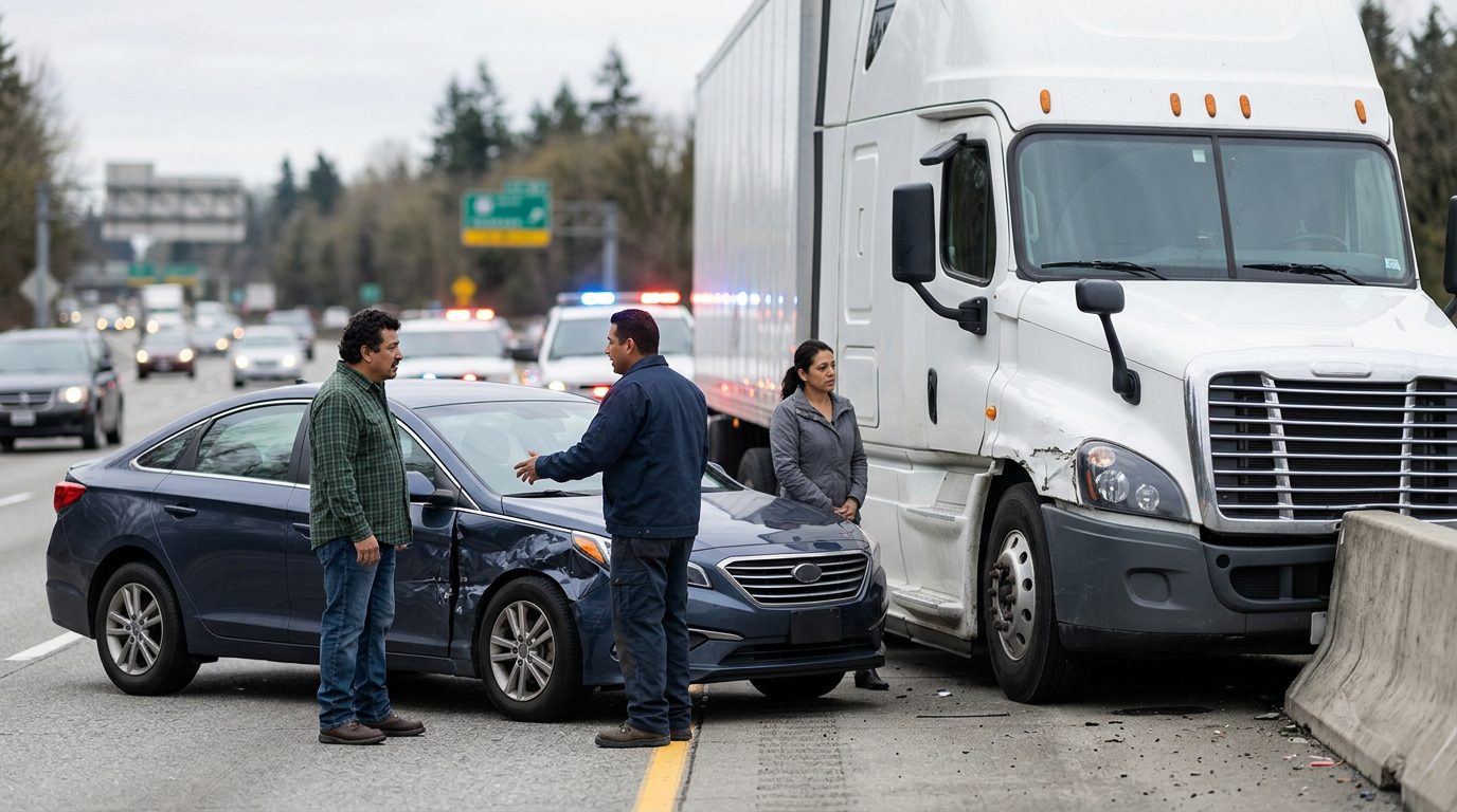Camión dañado y vehículo de pasajeros después de accidente grave en carretera.