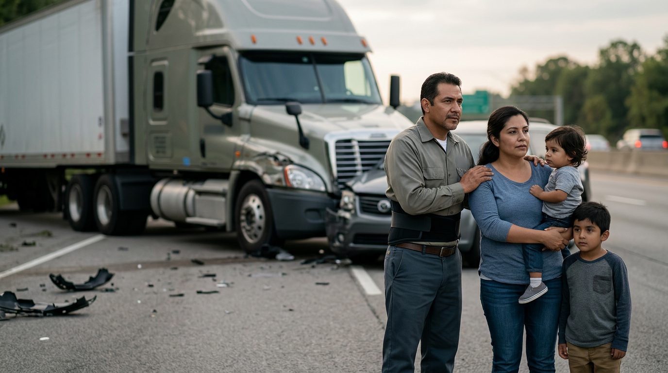 Camión dañado y vehículo de pasajeros después de accidente grave en carretera.