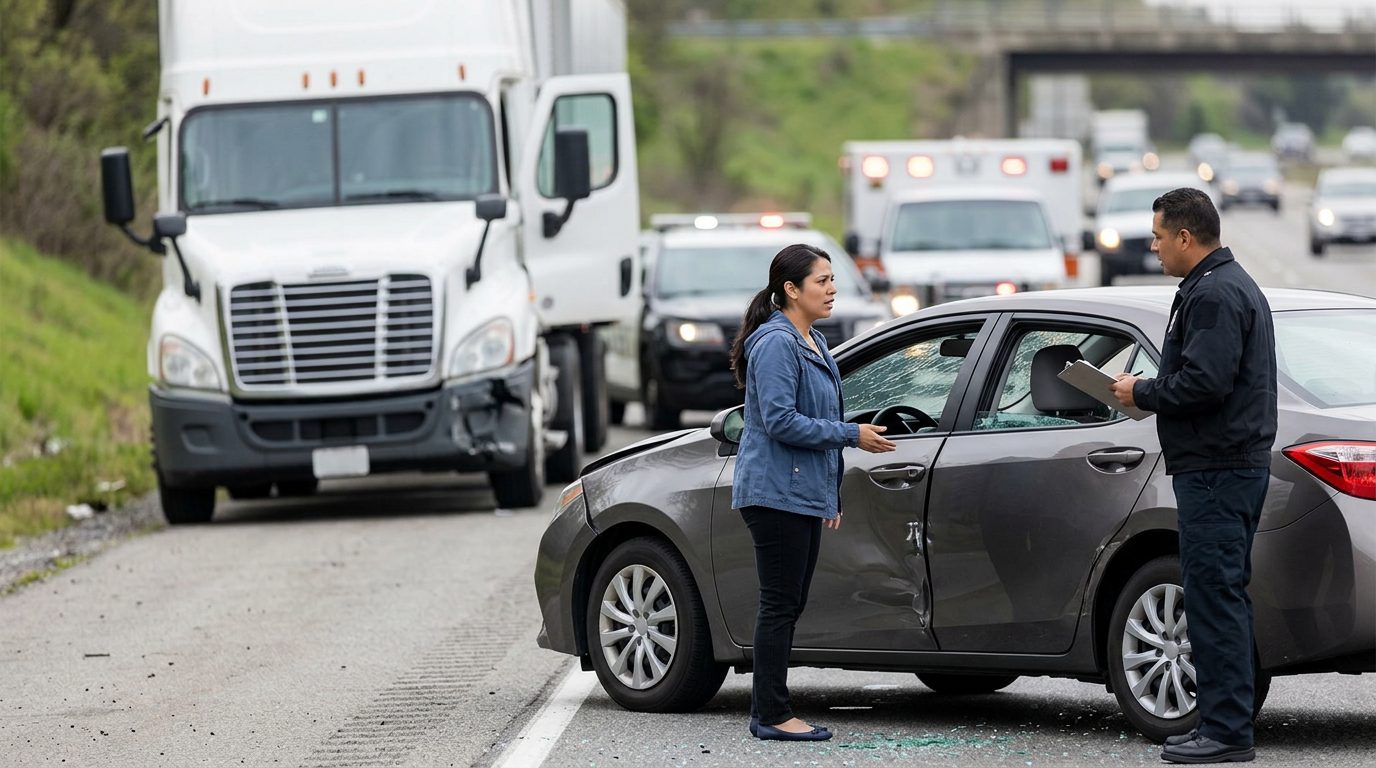 Camión dañado y vehículo de pasajeros después de accidente grave en carretera.