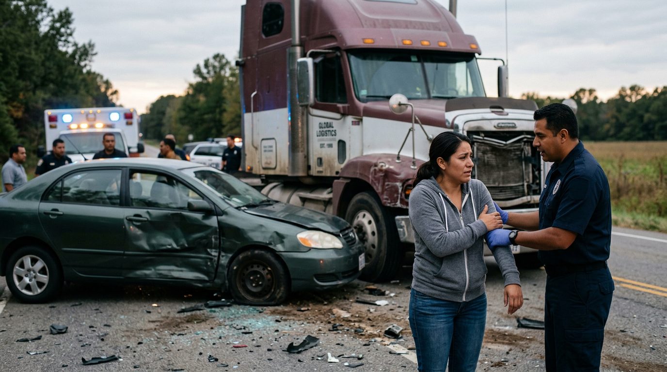 Camión dañado y vehículo de pasajeros después de accidente grave en carretera.