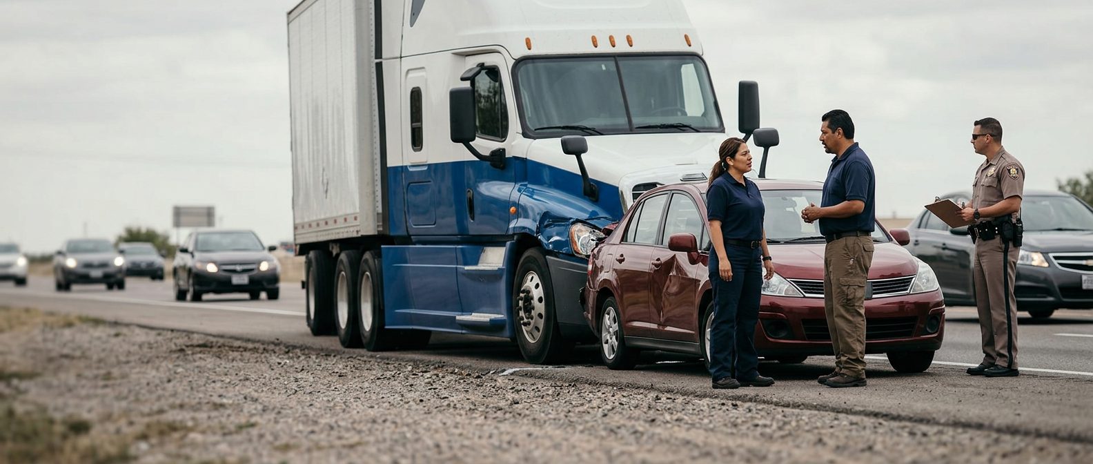 Camión dañado y vehículo de pasajeros después de accidente grave en carretera.