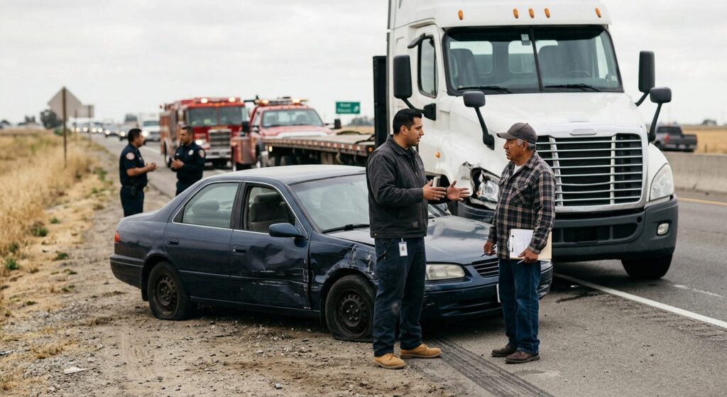 Camión dañado y vehículo de pasajeros después de accidente grave en carretera.