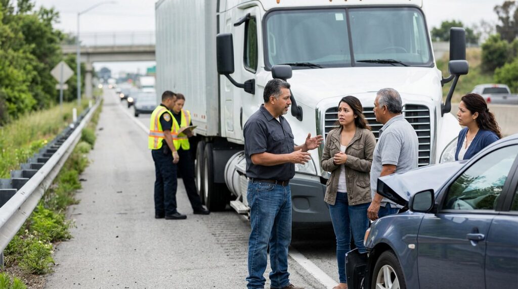 Camión dañado y vehículo de pasajeros después de accidente grave en carretera.