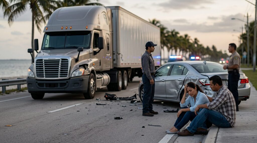 Camión dañado y vehículo de pasajeros después de accidente grave en carretera.