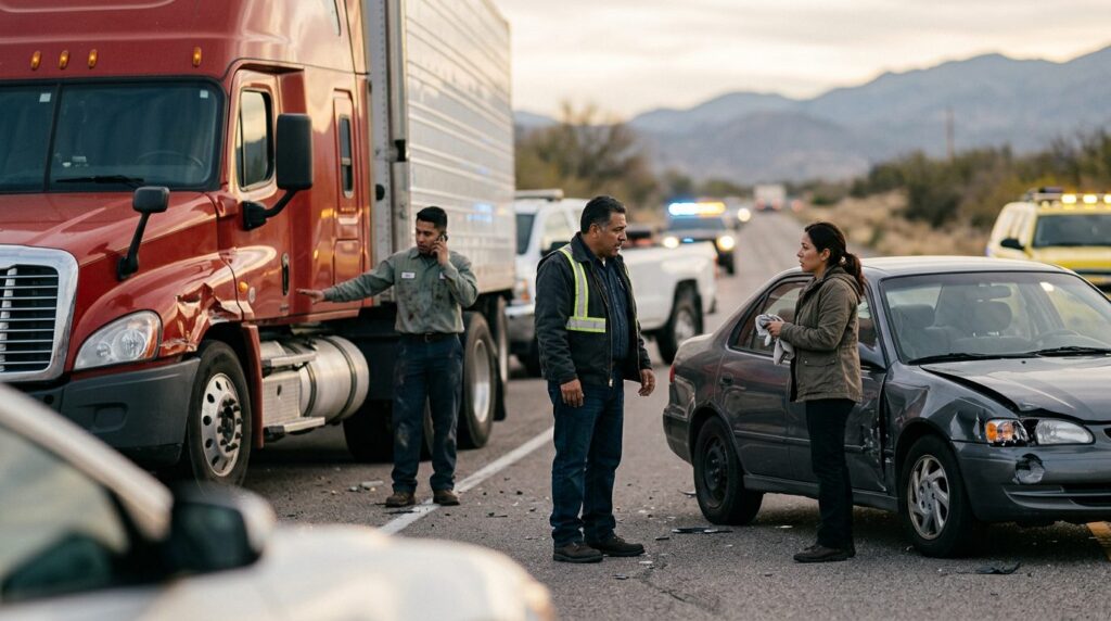Camión dañado y vehículo de pasajeros después de accidente vehicular grave.