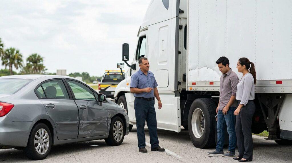 Camión de carga dañado y auto de pasajeros después de accidente grave en carretera.