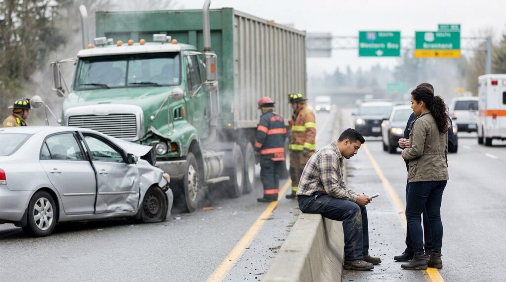 Camión de carga dañado y vehículo de pasajeros después de accidente vehicular grave.