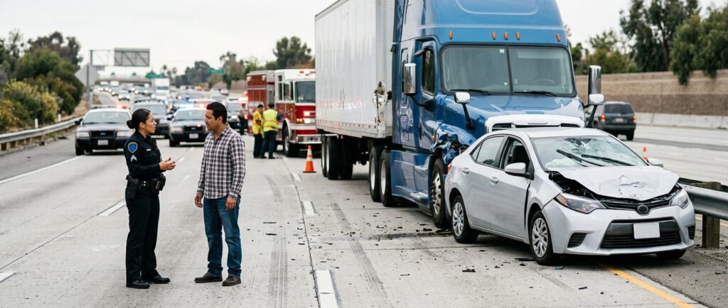 Camión semi dañado y auto de pasajeros después de accidente grave en carretera.