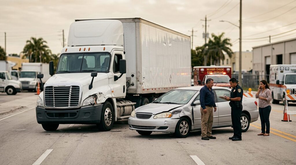 Camión semi dañado y auto de pasajeros después de accidente grave en Miami.