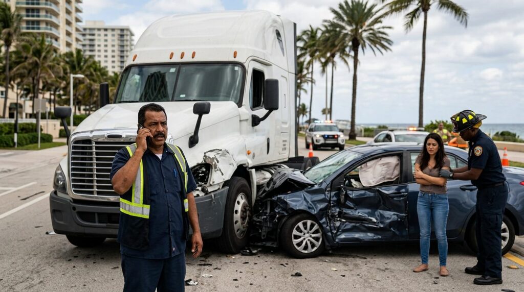 Camión semi dañado y vehículo de pasajeros después de accidente grave.