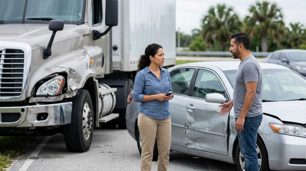 Camión semi dañado y vehículo de pasajeros después de accidente grave.